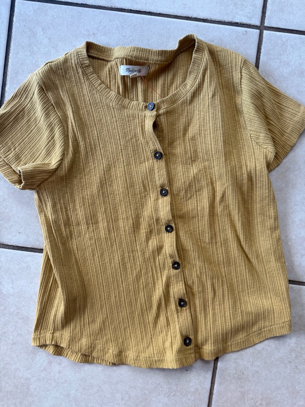 Madewell Mustard Yellow Short Sleeve Ribbed Button-Front tee
